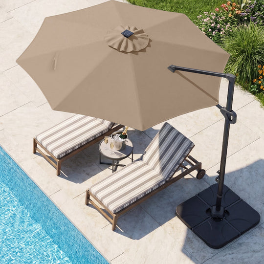10 FT Cantilever Patio Umbrella with Solar LED Lights & Base