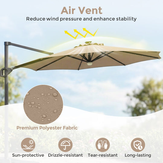 10 FT Cantilever Patio Umbrella with Solar LED Lights & Base