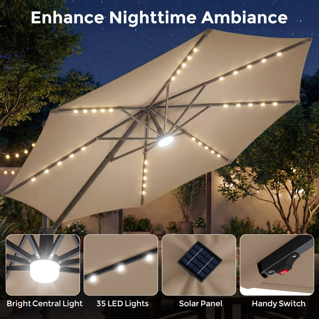 10 FT Cantilever Patio Umbrella with Solar LED Lights & Base
