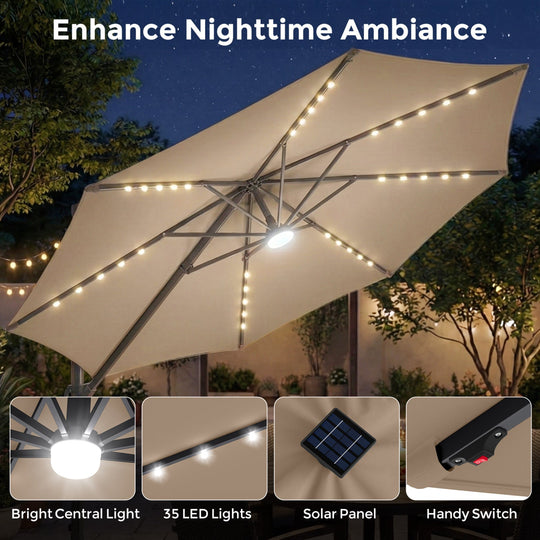 10 FT Cantilever Patio Umbrella with Solar LED Lights & Base