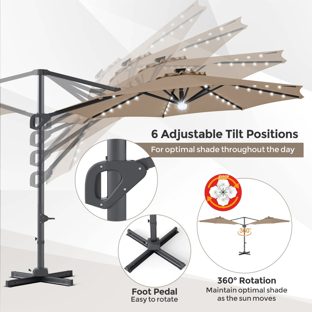 10 FT Cantilever Patio Umbrella with Solar LED Lights & Base