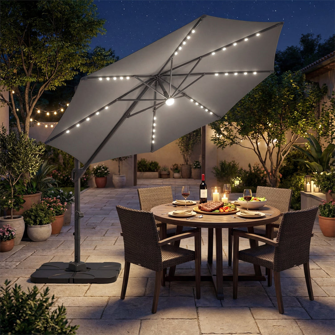 10 FT Cantilever Patio Umbrella with Solar LED Lights & Base