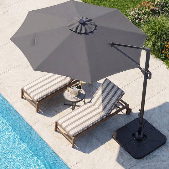 10 FT Cantilever Patio Umbrella with Solar LED Lights & Base