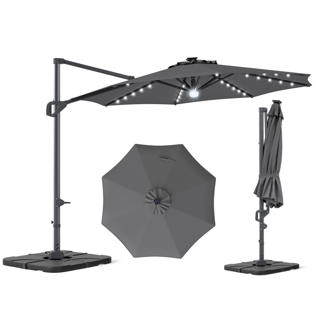 10 FT Cantilever Patio Umbrella with Solar LED Lights & Base