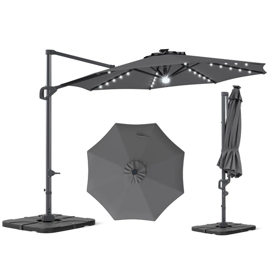 10 FT Cantilever Patio Umbrella with Solar LED Lights & Base
