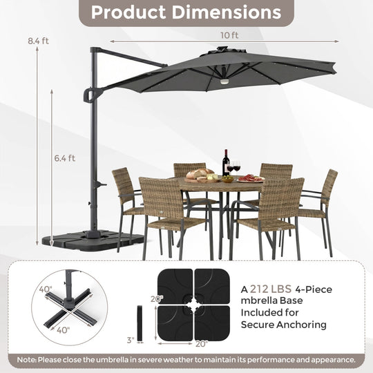 10 FT Cantilever Patio Umbrella with Solar LED Lights & Base