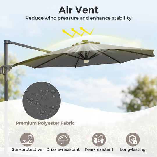 10 FT Cantilever Patio Umbrella with Solar LED Lights & Base