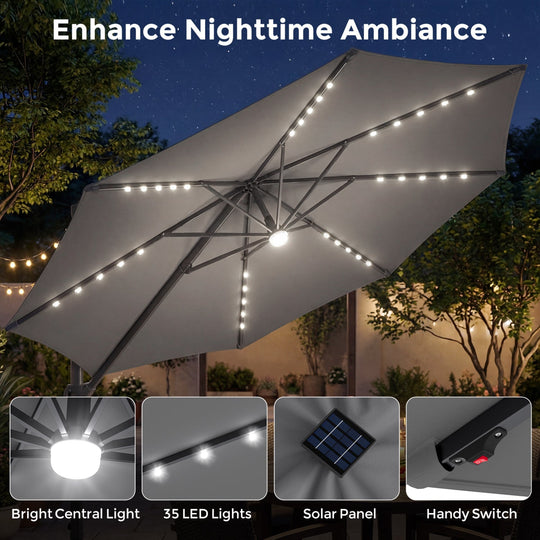 10 FT Cantilever Patio Umbrella with Solar LED Lights & Base