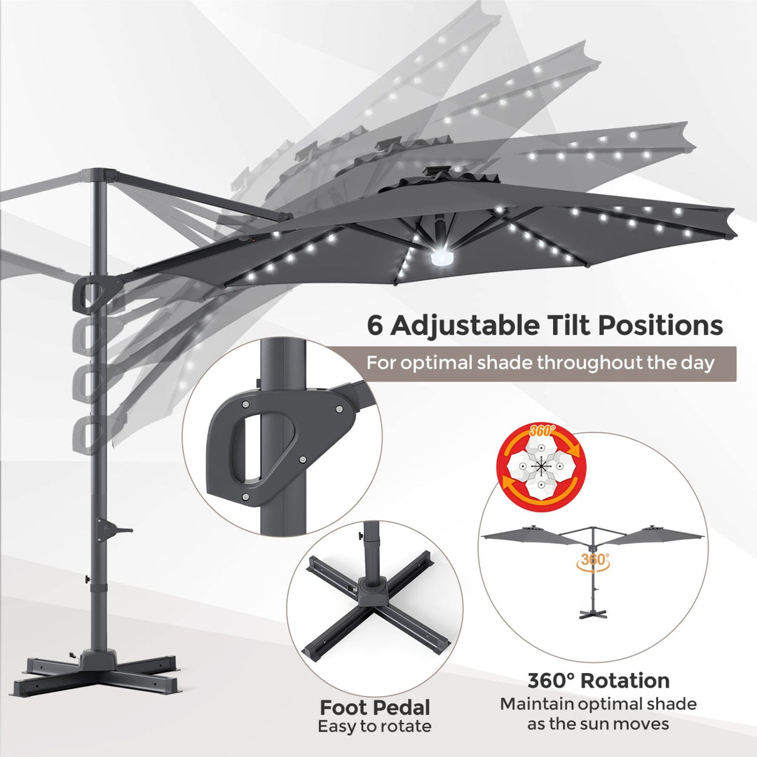 10 FT Cantilever Patio Umbrella with Solar LED Lights & Base