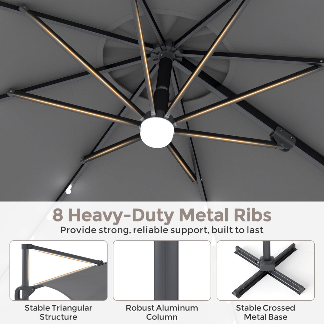 10 FT Cantilever Patio Umbrella with Solar LED Lights & Base