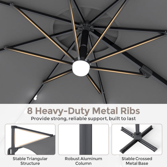 10 FT Cantilever Patio Umbrella with Solar LED Lights & Base