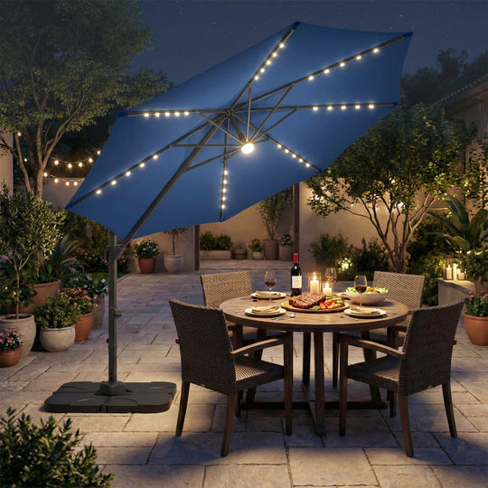 10 FT Cantilever Patio Umbrella with Solar LED Lights & Base