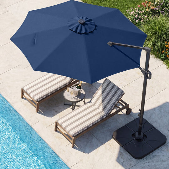 10 FT Cantilever Patio Umbrella with Solar LED Lights & Base