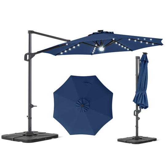10 FT Cantilever Patio Umbrella with Solar LED Lights & Base