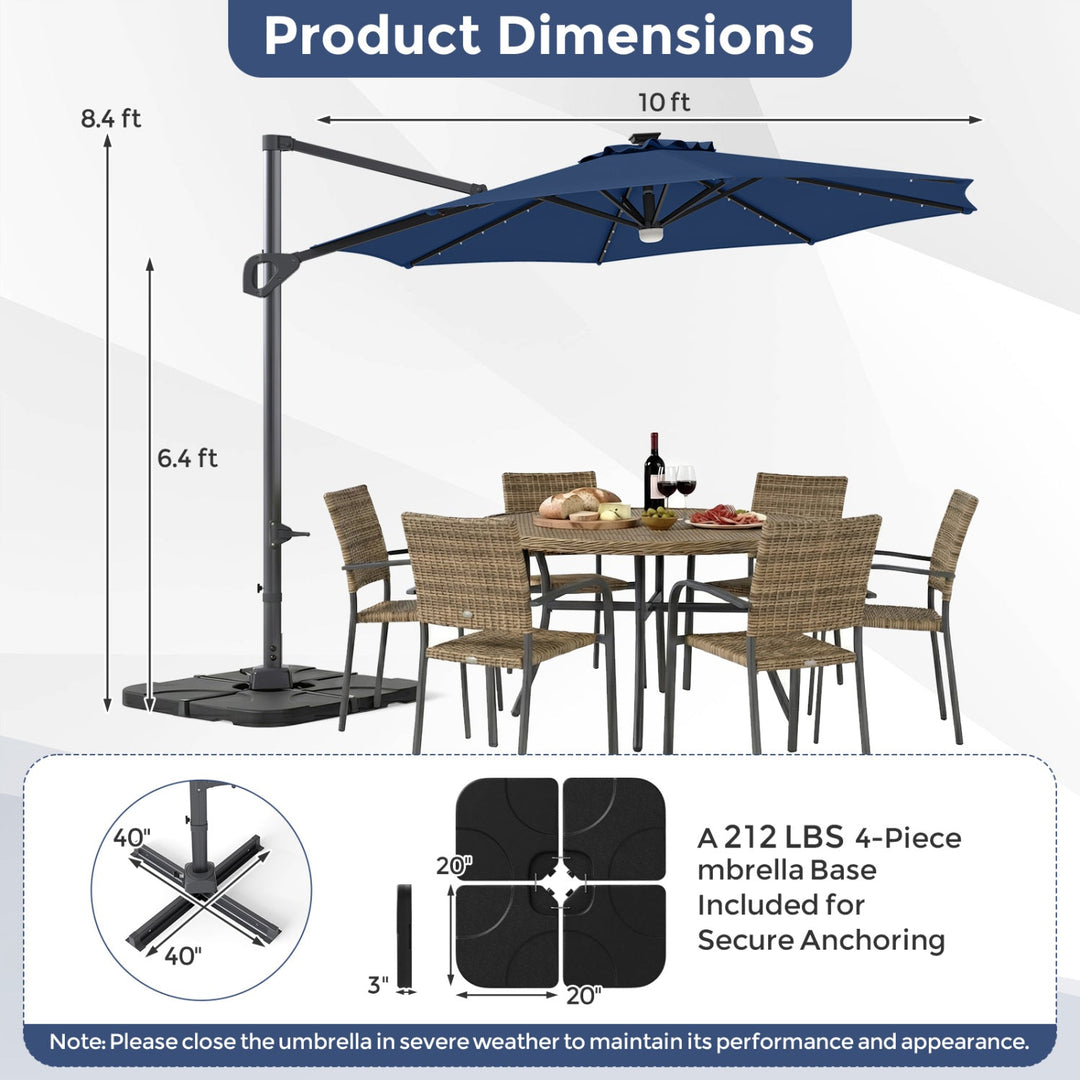10 FT Cantilever Patio Umbrella with Solar LED Lights & Base