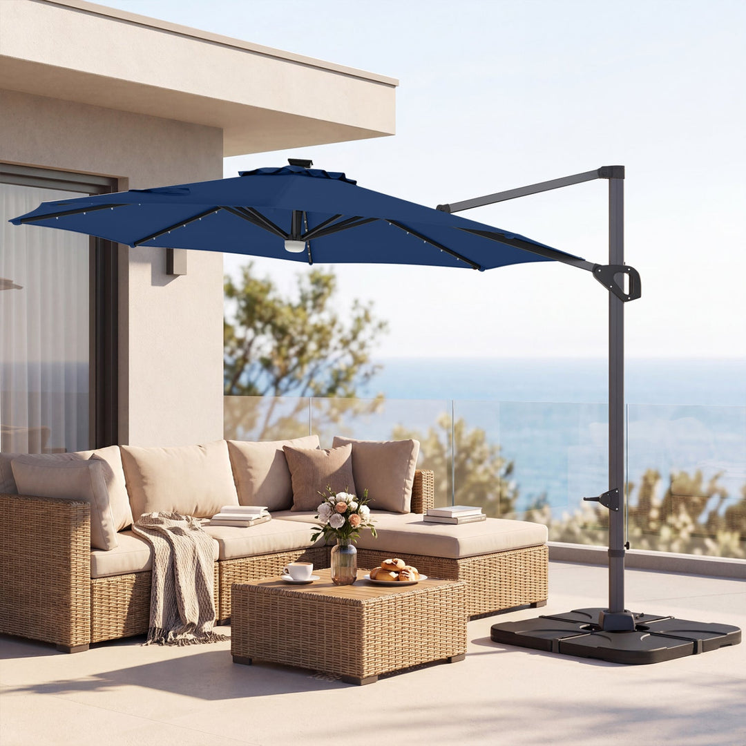 10 FT Cantilever Patio Umbrella with Solar LED Lights & Base