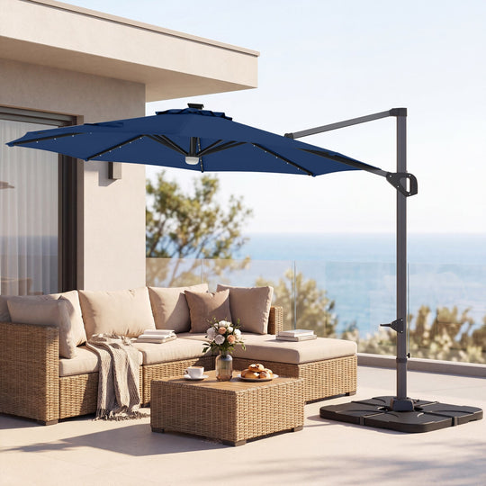 10 FT Cantilever Patio Umbrella with Solar LED Lights & Base