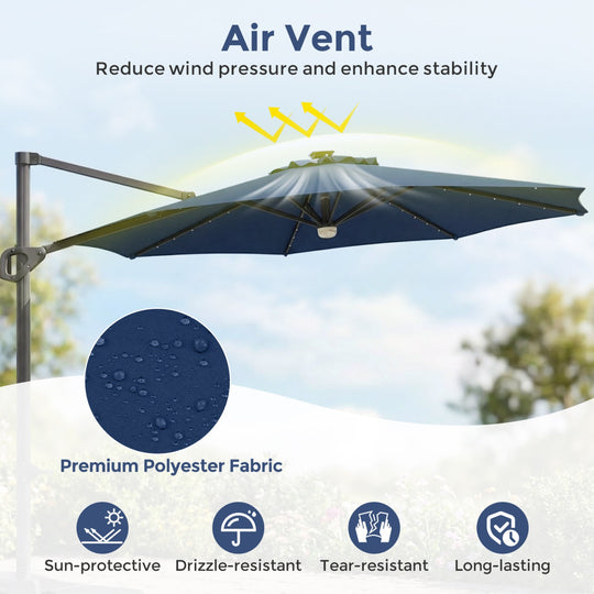 10 FT Cantilever Patio Umbrella with Solar LED Lights & Base
