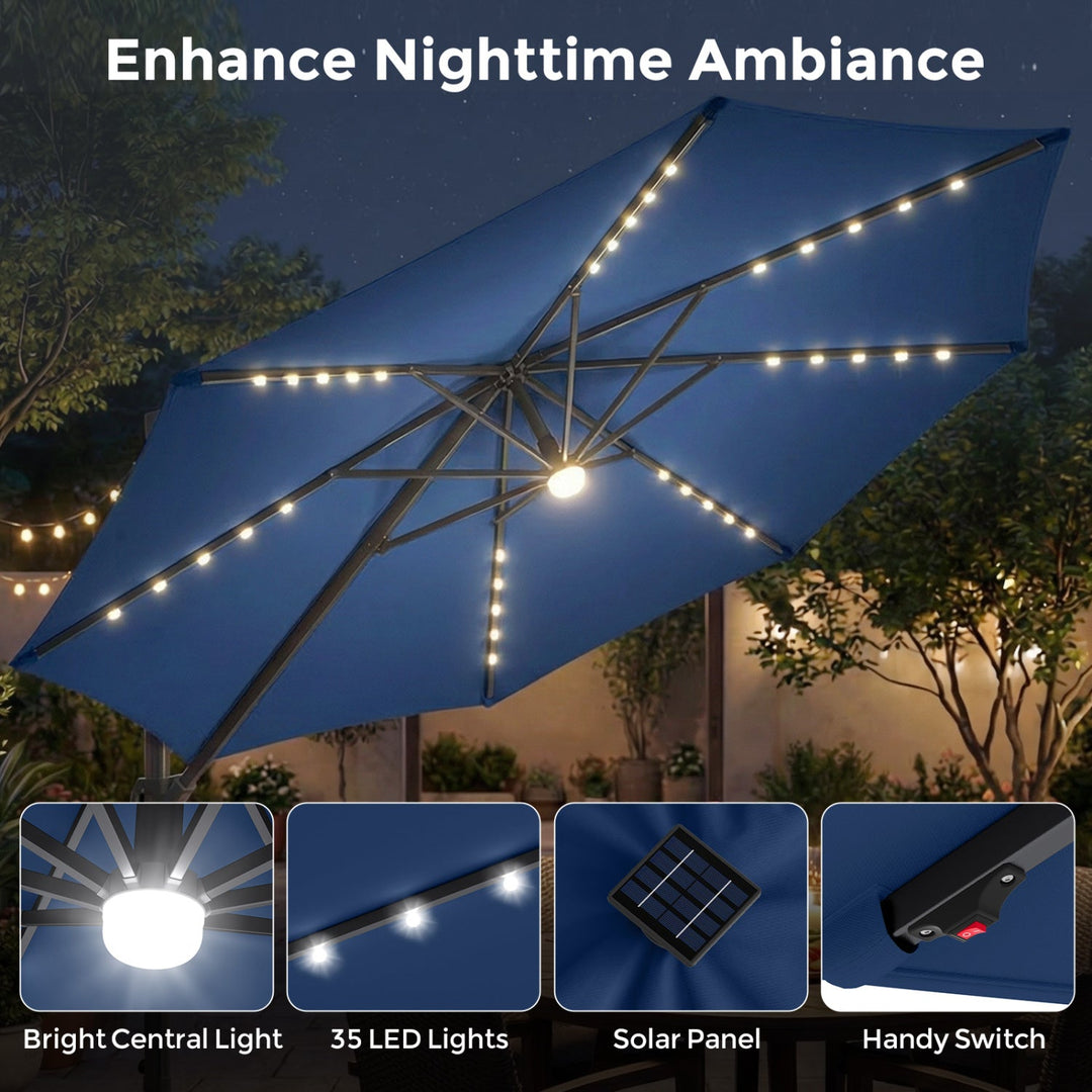 10 FT Cantilever Patio Umbrella with Solar LED Lights & Base