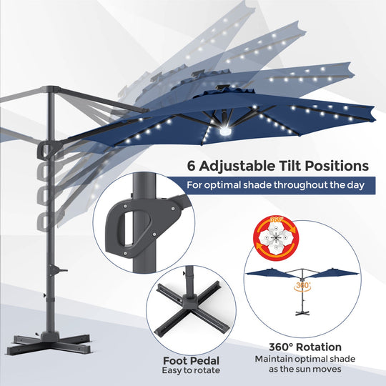 10 FT Cantilever Patio Umbrella with Solar LED Lights & Base