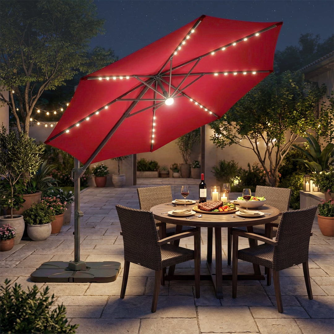 10 FT Cantilever Patio Umbrella with Solar LED Lights & Base