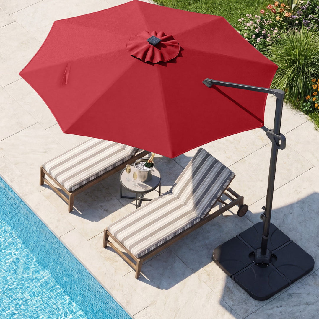 10 FT Cantilever Patio Umbrella with Solar LED Lights & Base