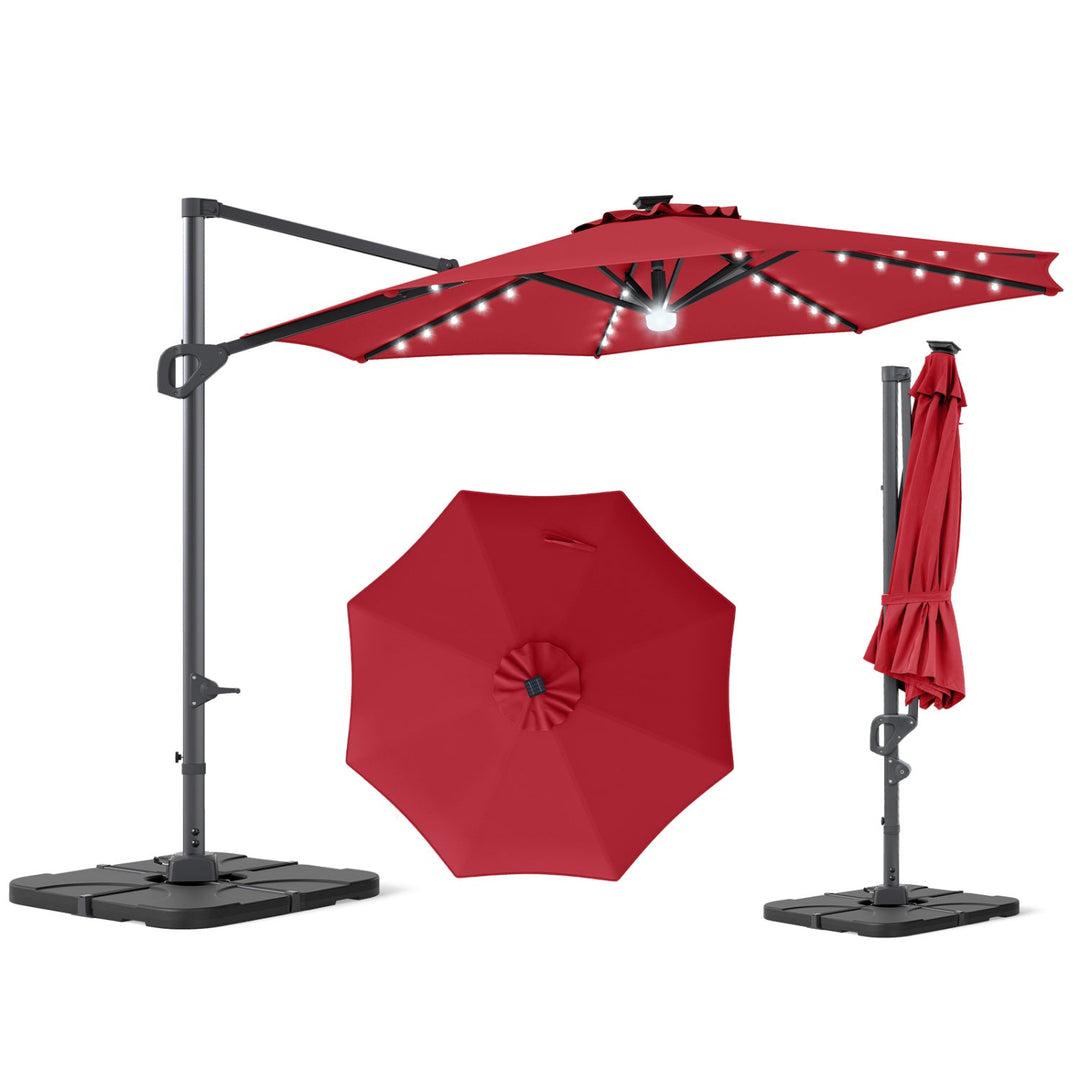 10 FT Cantilever Patio Umbrella with Solar LED Lights & Base