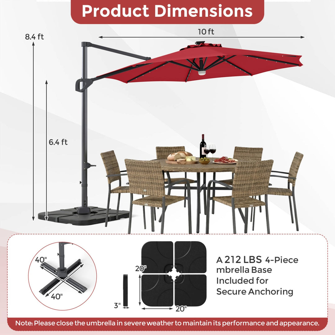 10 FT Cantilever Patio Umbrella with Solar LED Lights & Base