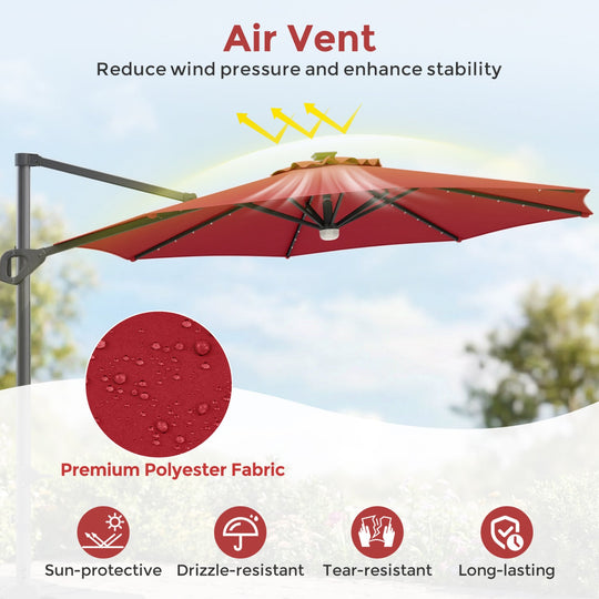 10 FT Cantilever Patio Umbrella with Solar LED Lights & Base