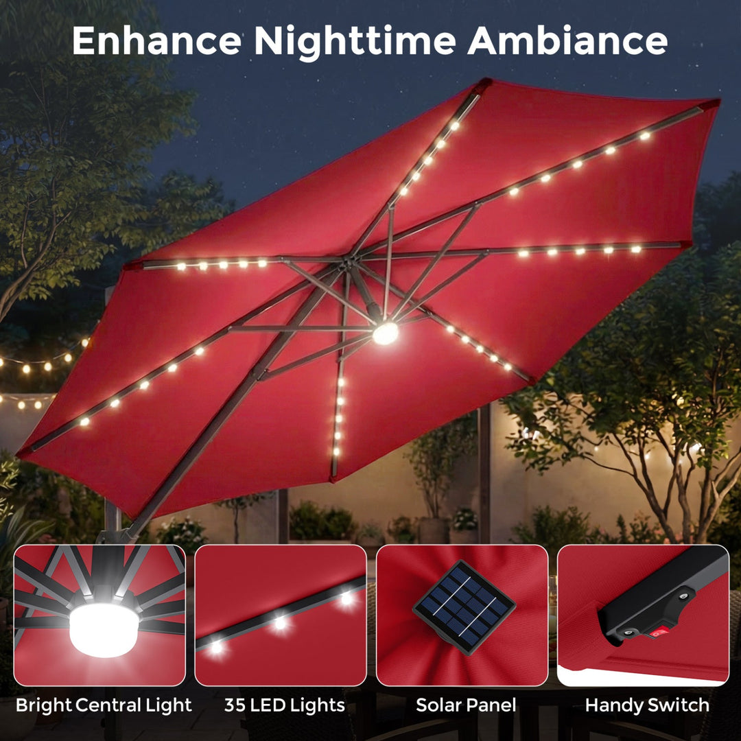 10 FT Cantilever Patio Umbrella with Solar LED Lights & Base