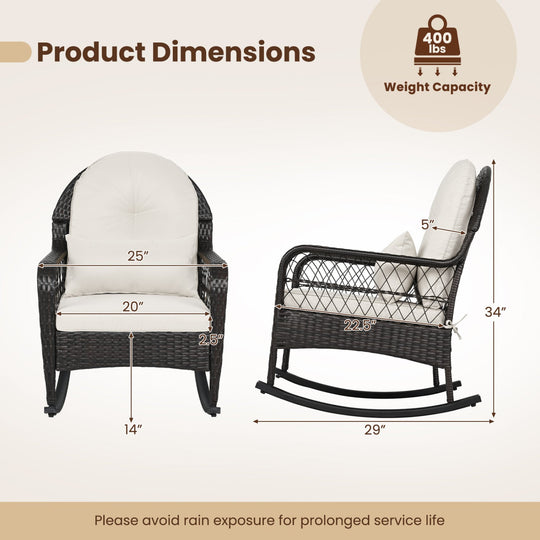 Outdoor Wicker Rocking Chair with Cushions - 400 LBS Capacity