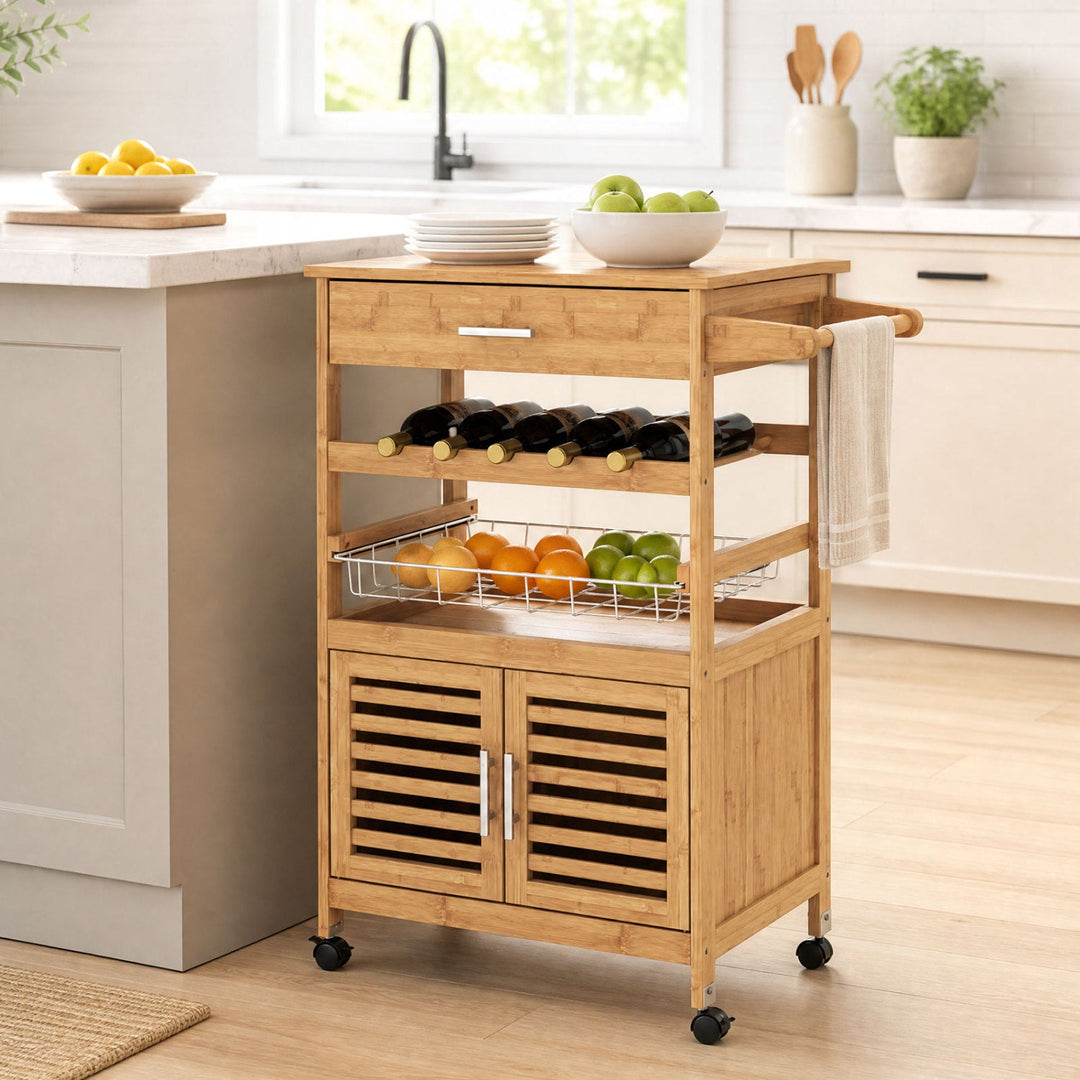 Rolling Kitchen Island Cart with Wine Rack and Storage