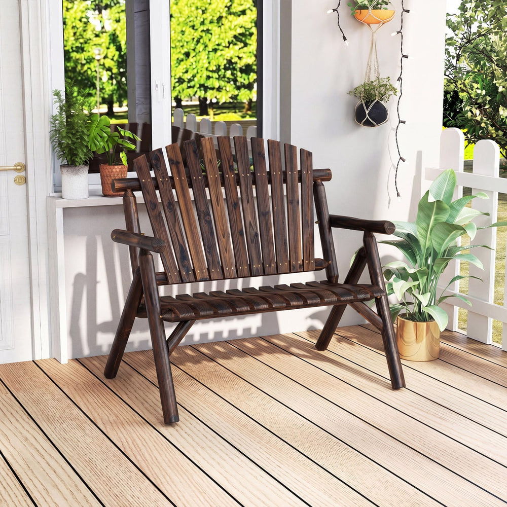2-Person Log Wood Patio Bench with Slatted Backrest
