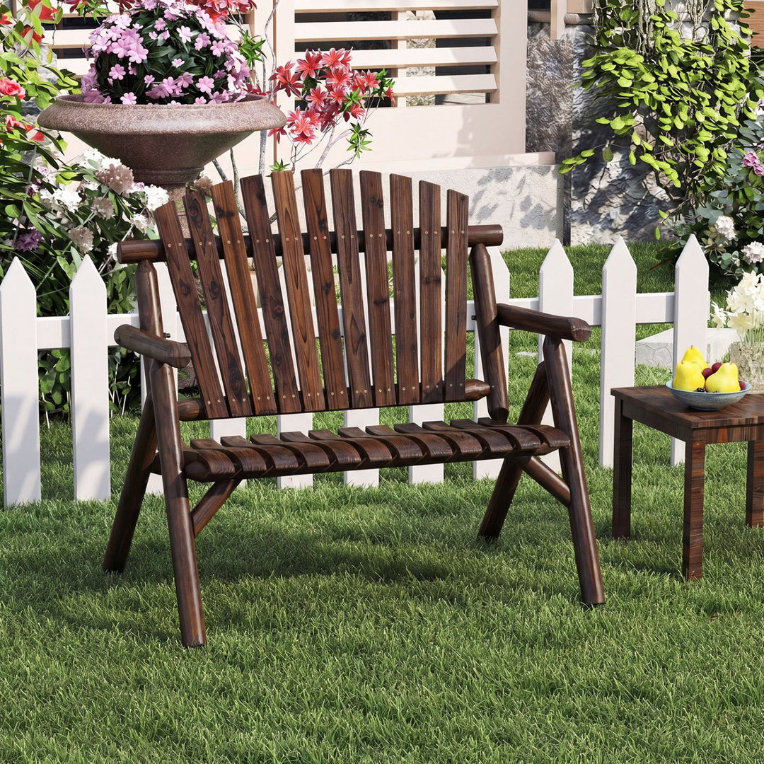 2-Person Log Wood Patio Bench with Slatted Backrest