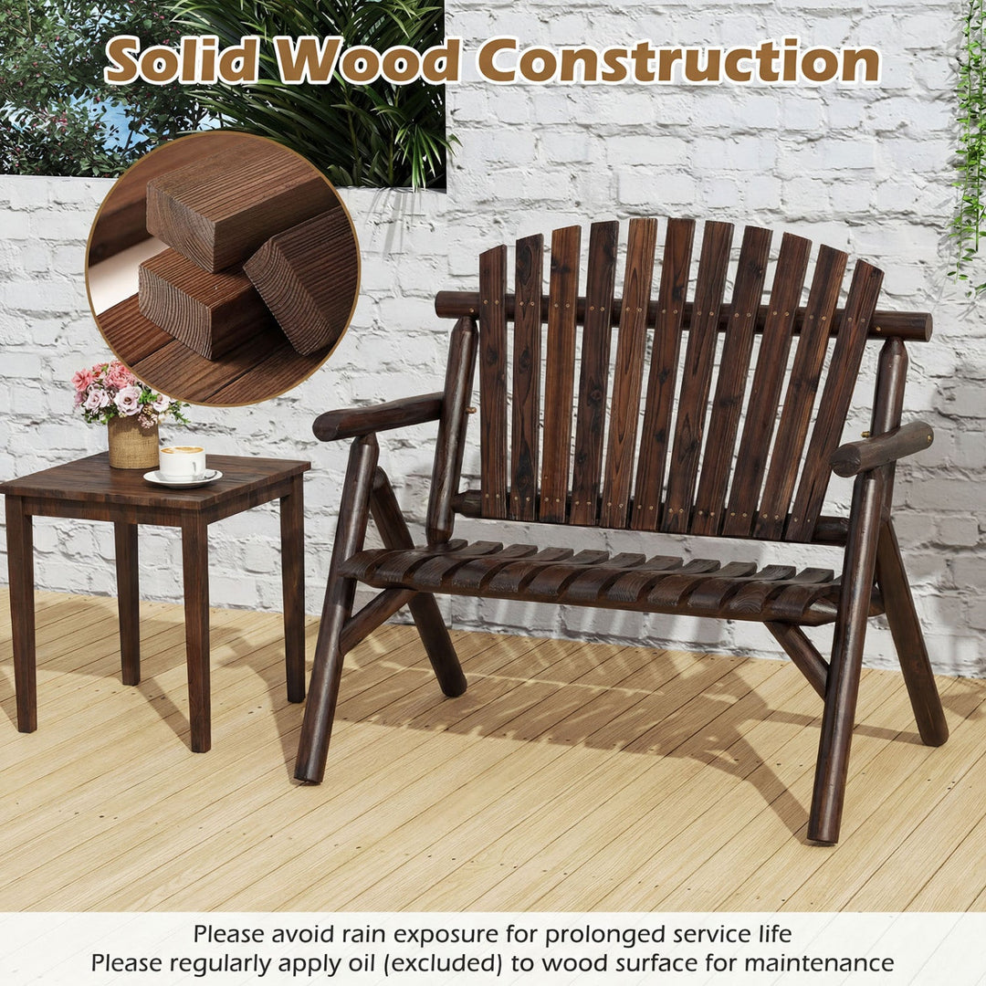 2-Person Log Wood Patio Bench with Slatted Backrest
