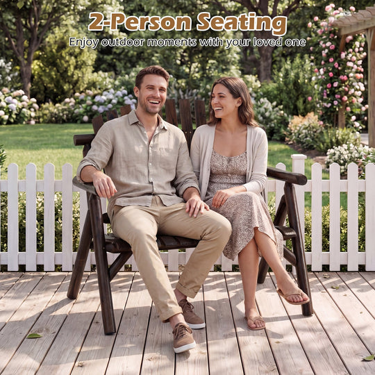 2-Person Log Wood Patio Bench with Slatted Backrest