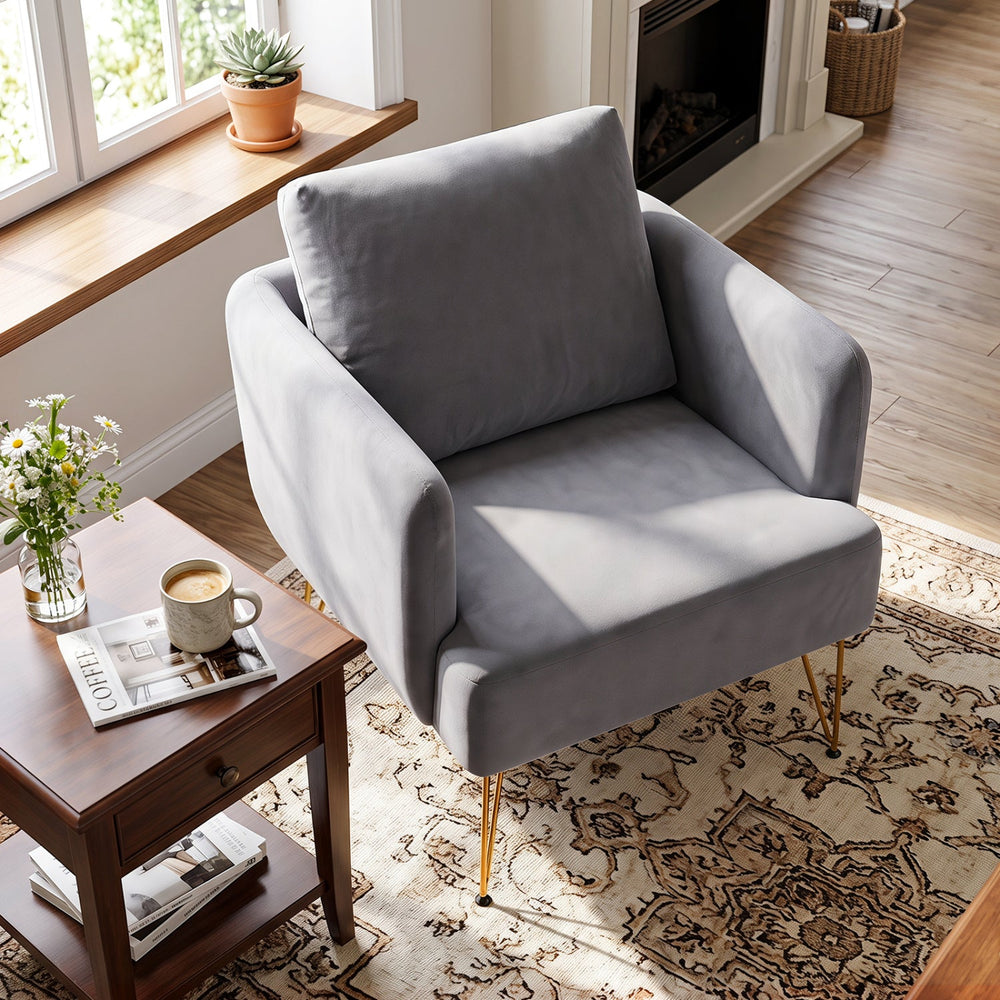 Velvet Accent Chair with Back Cushion and Golden Metal Legs