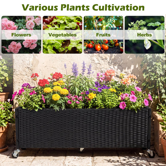 Raised Garden Bed Set of 2 with Wheels and PE Rattan
