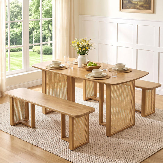 55" Dining Table Set with 2 Benches - Solid Rubber Wood