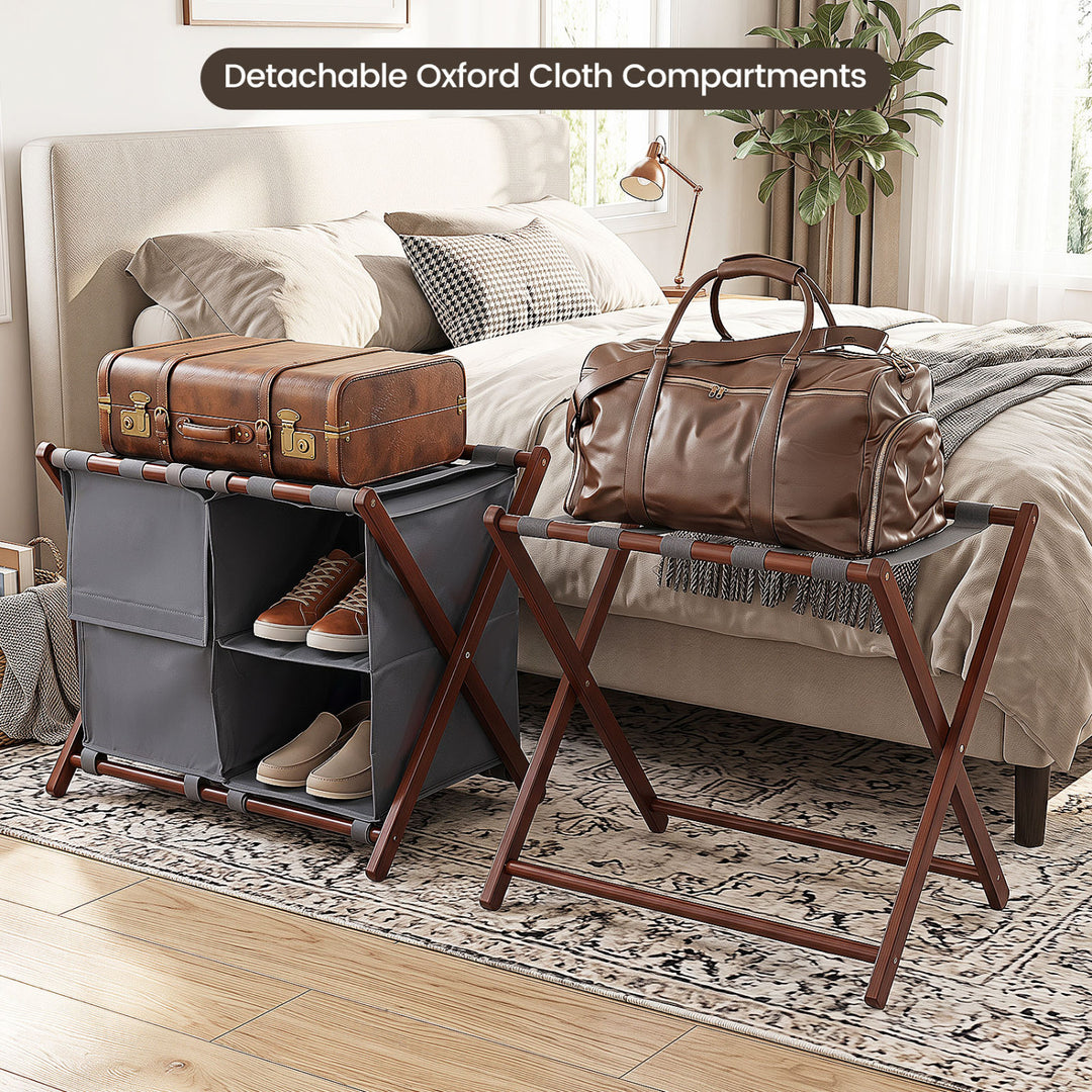 27" Bamboo Luggage Rack with 5 Nylon Straps and Compartments for Guest Room Hotel-Walnut & Grey