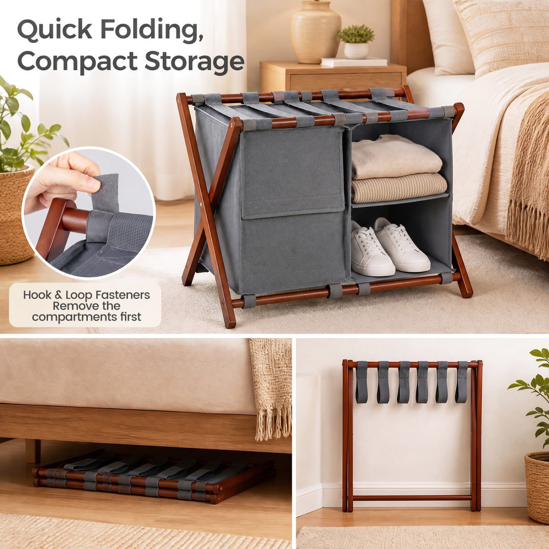 27" Bamboo Luggage Rack with 5 Nylon Straps and Compartments for Guest Room Hotel-Walnut & Grey