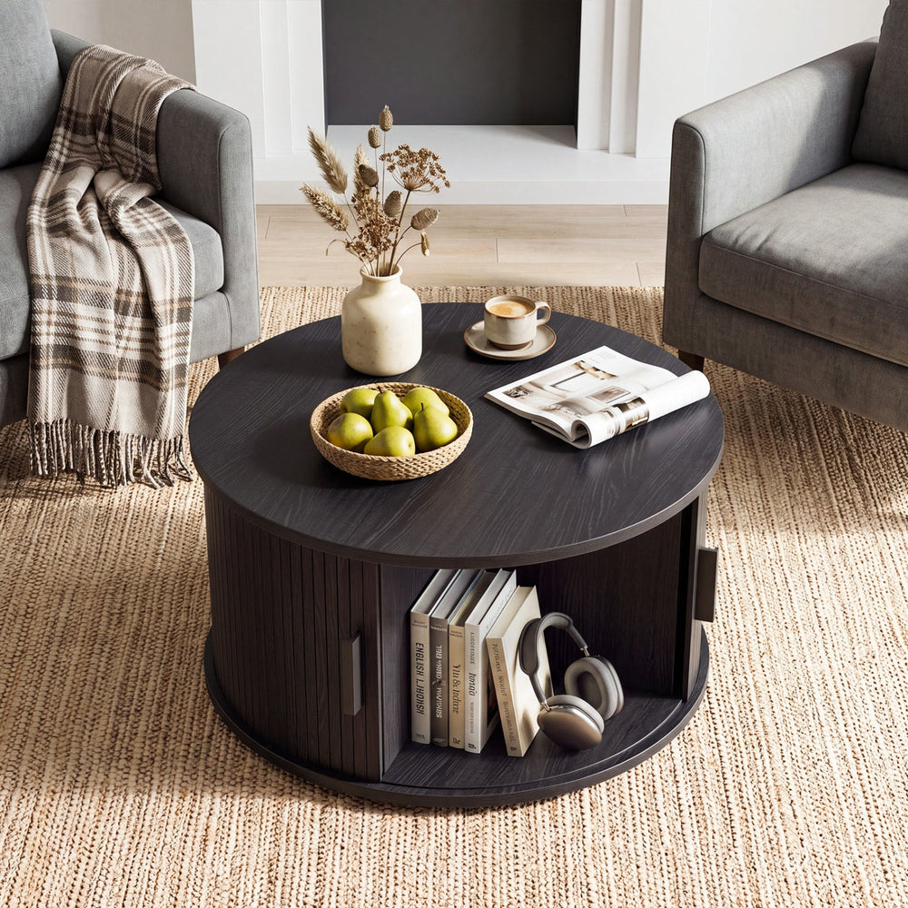 Round Coffee Table with Sliding Tambour Door Storage
