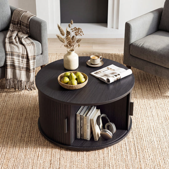 Round Coffee Table with Sliding Tambour Door Storage
