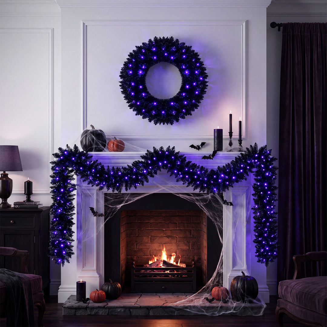 24" Halloween Wreath & 9 FT Garland Set with LED Lights