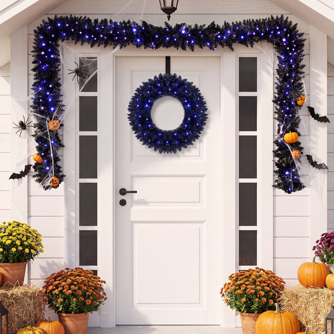 24" Halloween Wreath & 9 FT Garland Set with LED Lights
