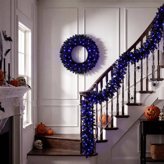 24" Halloween Wreath & 9 FT Garland Set with LED Lights
