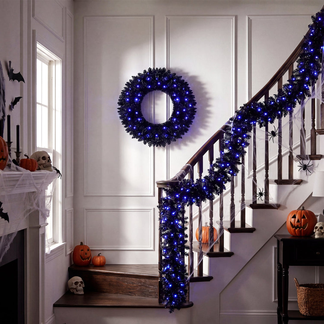24" Halloween Wreath & 9 FT Garland Set with LED Lights