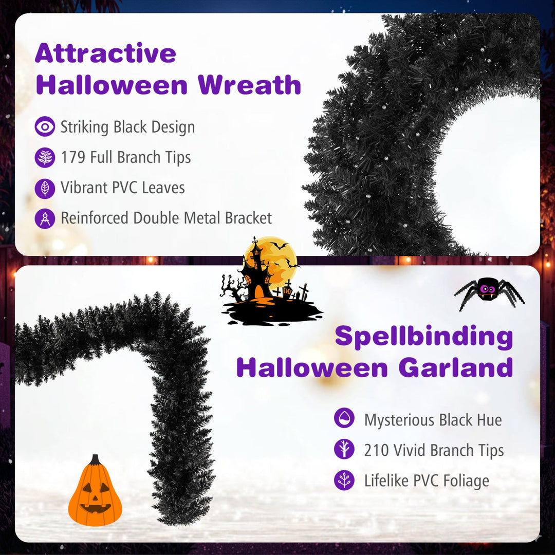 24" Halloween Wreath & 9 FT Garland Set with LED Lights