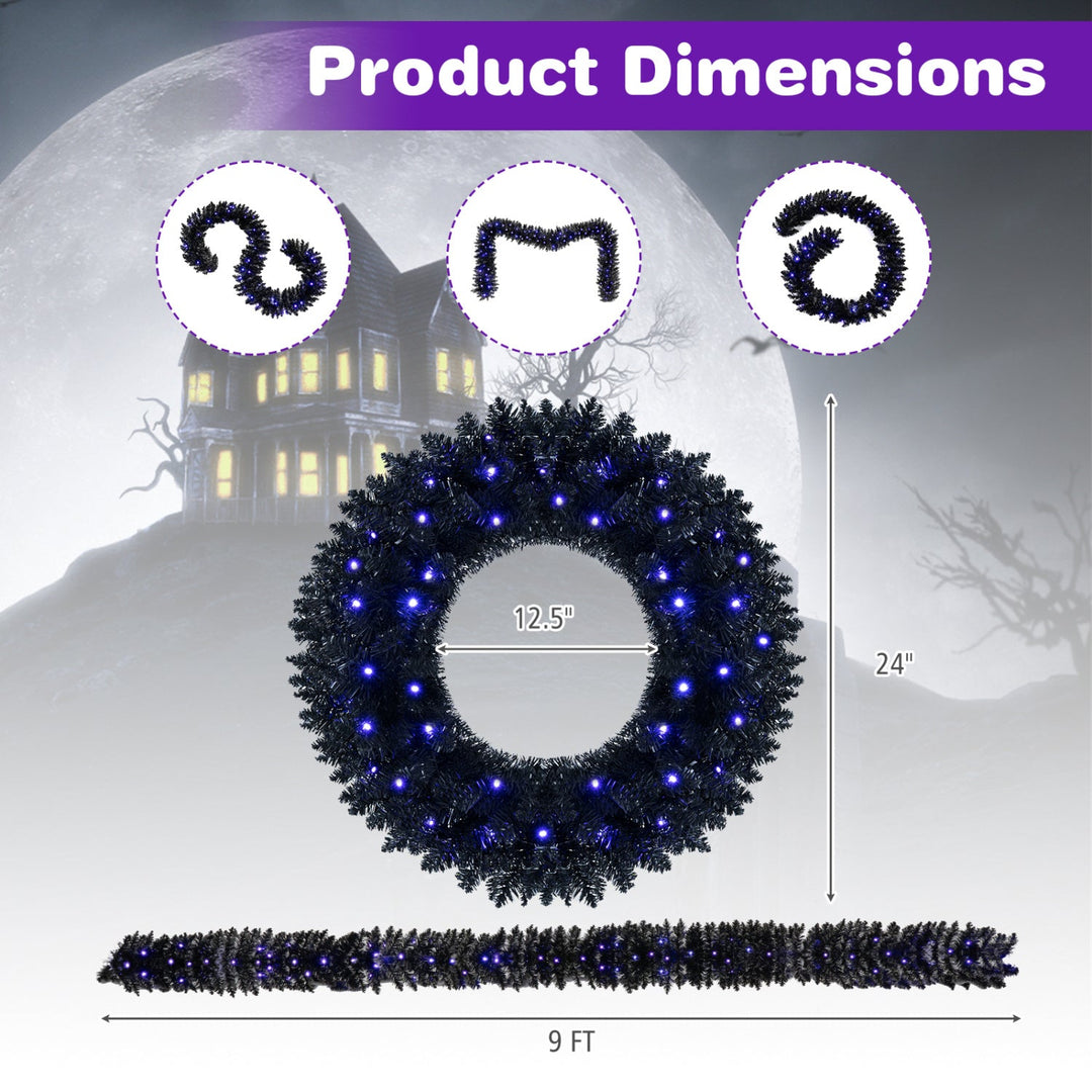 24" Halloween Wreath & 9 FT Garland Set with LED Lights