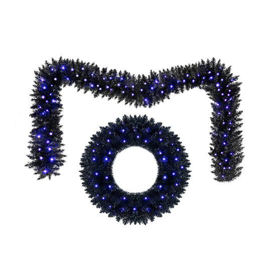 24" Halloween Wreath & 9 FT Garland Set with LED Lights